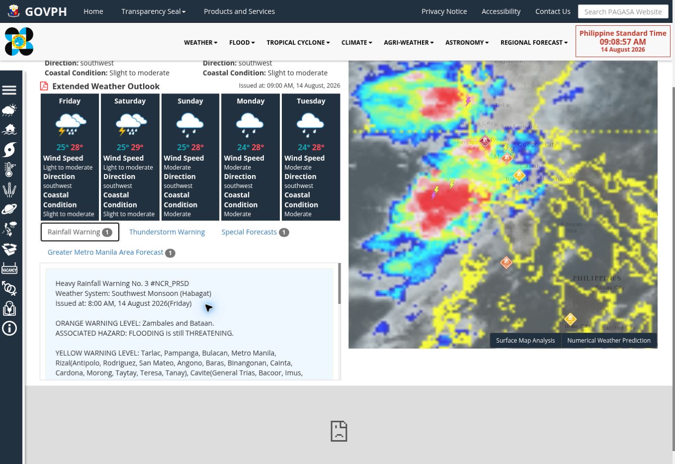 PAGASA rainfall warning panel and weather map showing heavy rain over western and central Luzon