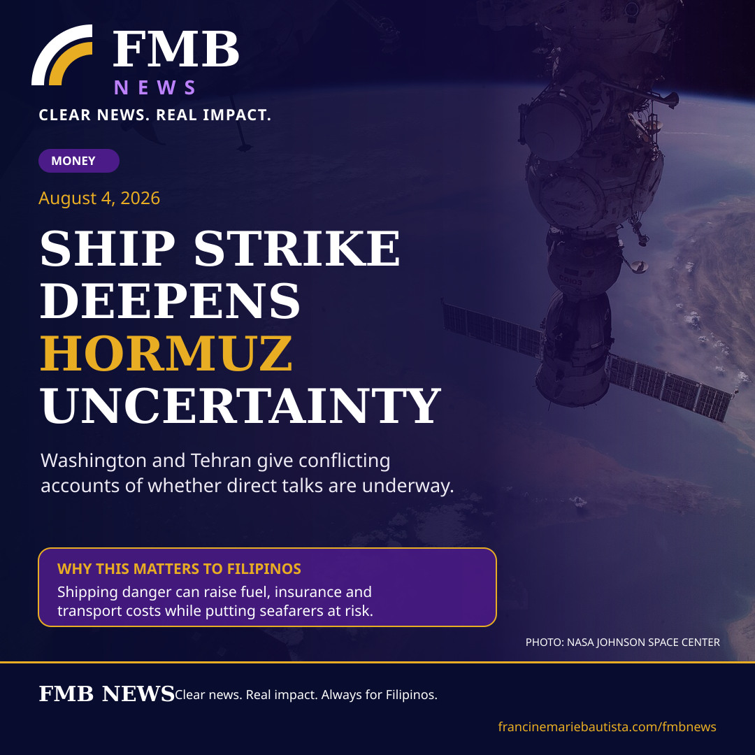 FMB News cover using a NASA satellite photograph of the Strait of Hormuz for a report on a vessel strike and uncertain United States-Iran talks